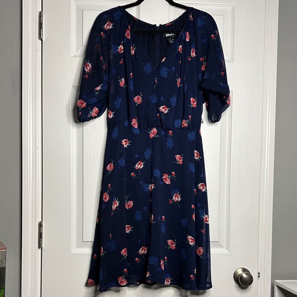 DKNY Navy and Pink Floral Midi Dress
